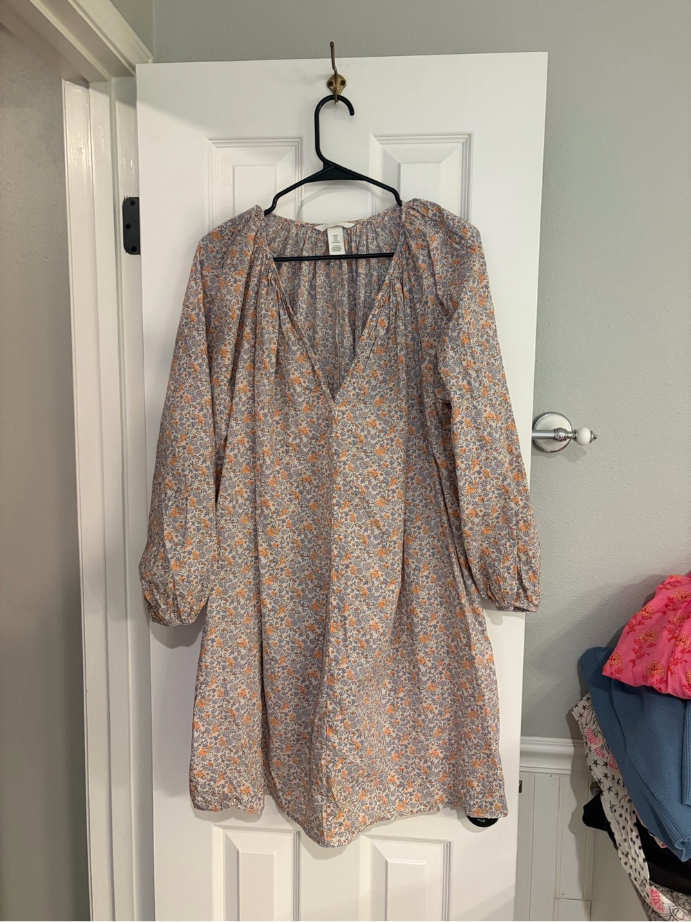 H&M Floral Cotton Tunic Dress Medium M Long Sleeve V Neck Boho